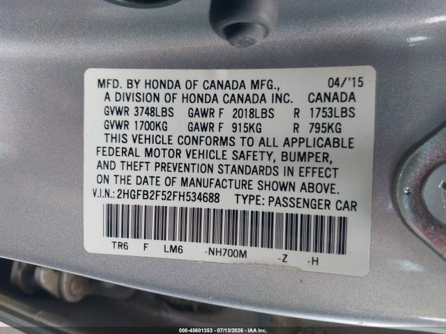 Honda Civic Lx 2015 2HGFB2F52FH534688 Image 9