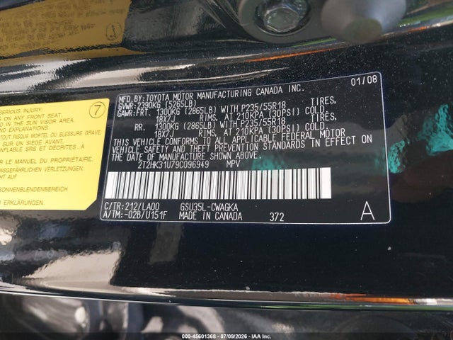 45601368 :رقم المزاد ، 2T2HK31U79C096949 vin ، 2009 Lexus Rx 350 مزاد بيع