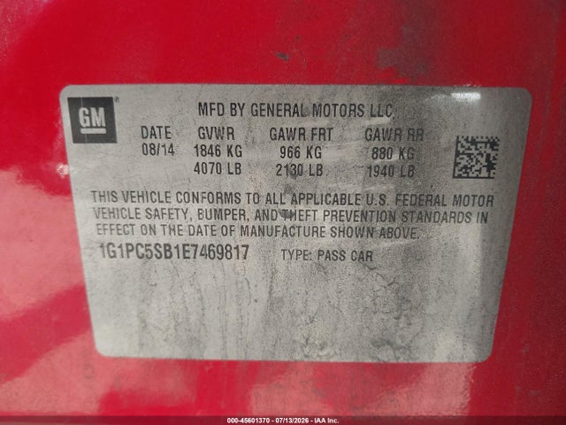 1G1PC5SB1E7469817 Chevrolet Cruze 1lt Auto