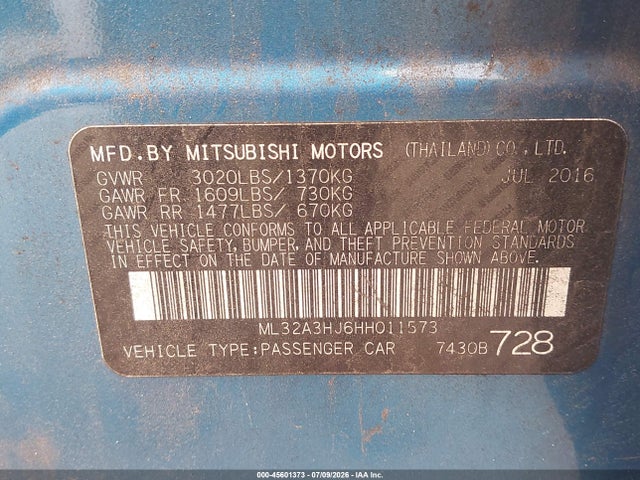 Aukcja sprzedaży 2017 Mitsubishi Mirage Es, vin: ML32A3HJ6HH011573, numer aukcji: 45601373