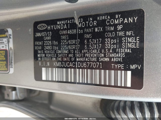 2013 Hyundai Tucson Gls მანქანა იყიდება აუქციონზე, vin: KM8JUCAC1DU677071, აუქციონის ნომერი: 45601376