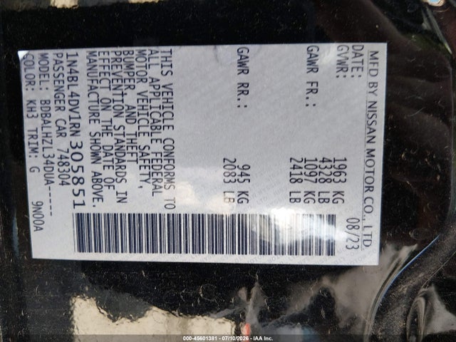 Продажа на аукционе авто 2024 Nissan Altima Sv Fwd, vin: 1N4BL4DV1RN305851, номер лота: 45601381