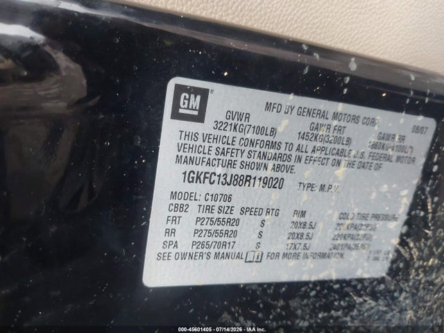 2008 Gmc Yukon Sle მანქანა იყიდება აუქციონზე, vin: 1GKFC13J88R119020, აუქციონის ნომერი: 45601405