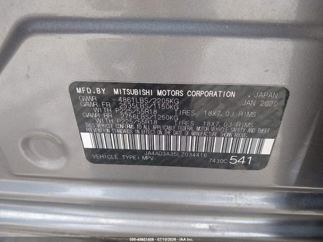 Auction sale of the 2020 Mitsubishi Outlander Le 2.4/se 2.4/sel 2.4/sp 2.4, vin: JA4AD3A35LZ034416, lot number: 45601406