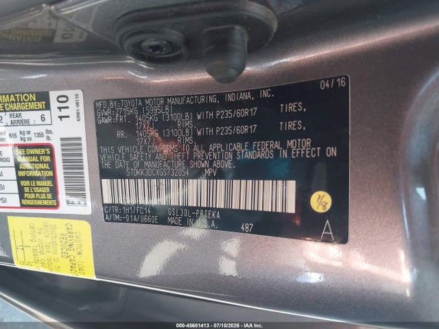 5TDKK3DCXGS732054 Toyota Sienna Le 8 Passenger