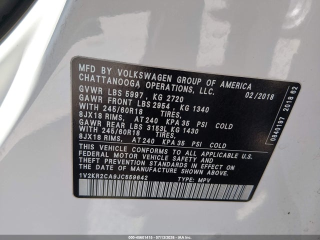 1V2KR2CA9JC559642 Volkswagen Atlas 3.6l V6 Se