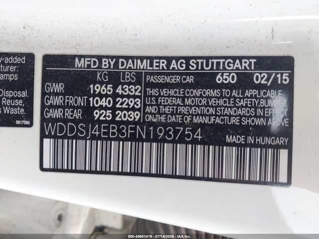 Продаж на аукціоні авто 2015 Mercedes-benz Cla 250, vin: WDDSJ4EB3FN193754, номер лоту: 45601419