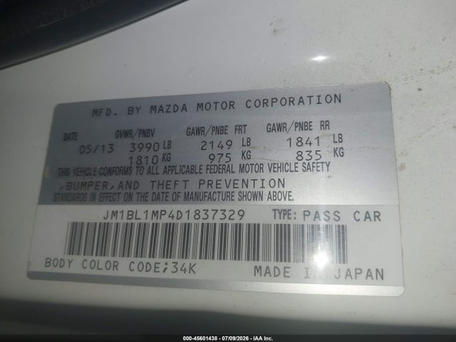 Aukcja sprzedaży 2013 Mazda Mazda3 I Grand Touring, vin: JM1BL1MP4D1837329, numer aukcji: 45601438