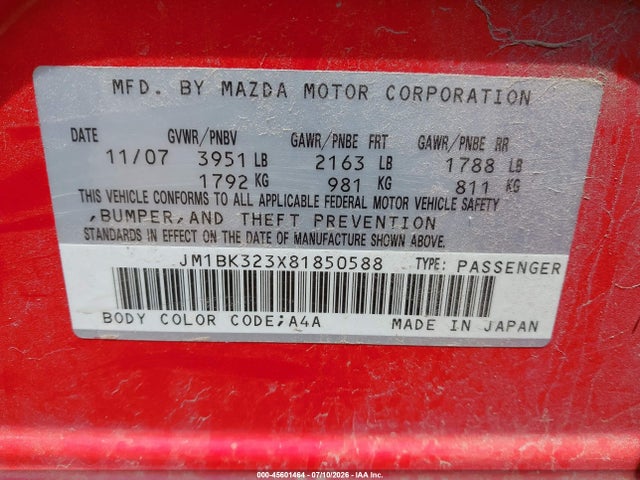 Aukcja sprzedaży 2008 Mazda Mazda3 S Grand Touring, vin: JM1BK323X81850588, numer aukcji: 45601464
