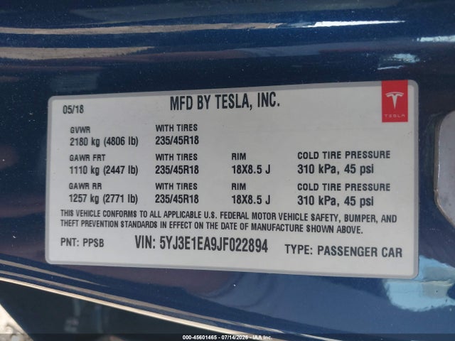 Продаж на аукціоні авто 2018 Tesla Model 3 Long Range/mid Range, vin: 5YJ3E1EA9JF022894, номер лоту: 45601465