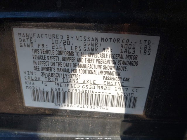 3N1AB8CV1LY307761 Nissan Sentra Sv Xtronic Cvt