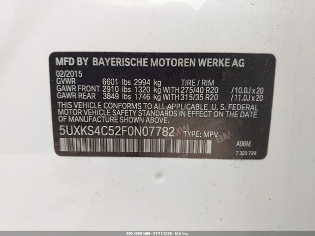 Aukcja sprzedaży 2015 Bmw X5 Xdrive35d, vin: 5UXKS4C52F0N07782, numer aukcji: 45601469