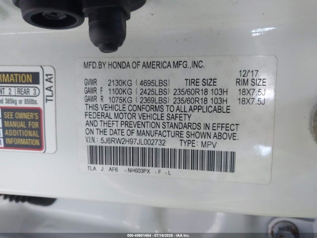 Продажа на аукционе авто 2018 Honda Cr-v Touring, vin: 5J6RW2H97JL002732, номер лота: 45601484