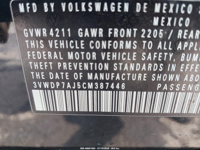 Продаж на аукціоні авто 2012 Volkswagen Jetta 2.5l Se, vin: 3VWDP7AJ5CM387446, номер лоту: 45601485