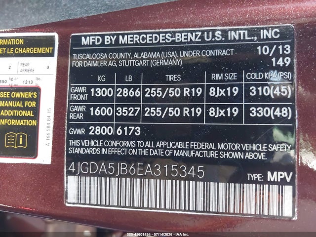 Aukcja sprzedaży 2014 Mercedes-benz Ml 350, vin: 4JGDA5JB6EA315345, numer aukcji: 45601494