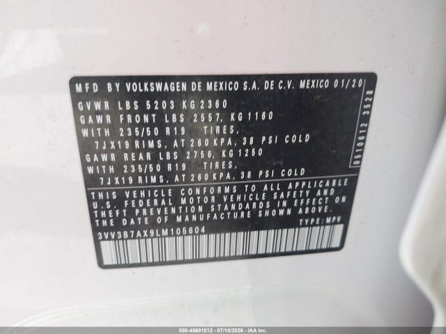 2020 Volkswagen Tiguan 2.0t Se/2.0t Se R-line Black/2.0t Sel მანქანა იყიდება აუქციონზე, vin: 3VV3B7AX9LM105604, აუქციონის ნომერი: 45601512