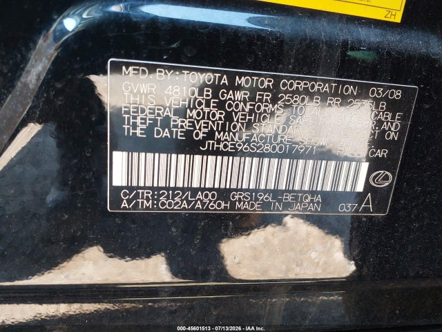 45601513 :رقم المزاد ، JTHCE96S280017971 vin ، 2008 Lexus Gs 350 مزاد بيع