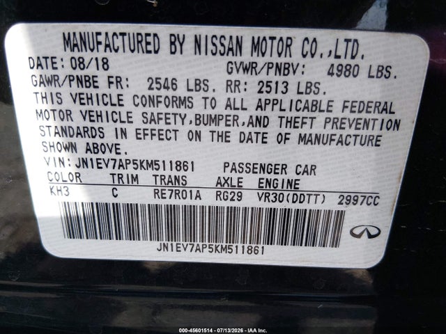 Продажа на аукционе авто 2019 Infiniti Q50 3.0t Luxe, vin: JN1EV7AP5KM511861, номер лота: 45601514
