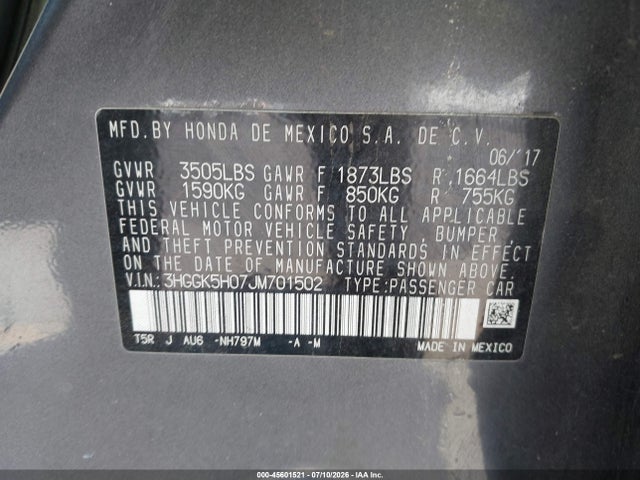 3HGGK5H07JM701502 Honda Fit Ex-l