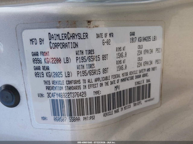 2002 Chrysler Pt Cruiser მანქანა იყიდება აუქციონზე, vin: 3C4FY48B22T376429, აუქციონის ნომერი: 45601545