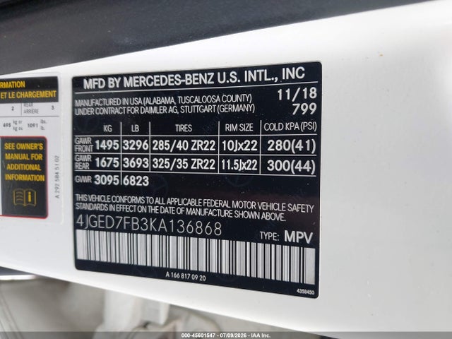 45601547 :رقم المزاد ، 4JGED7FB3KA136868 vin ، 2019 Mercedes-benz Amg Gle 63 Coupe S 4matic مزاد بيع