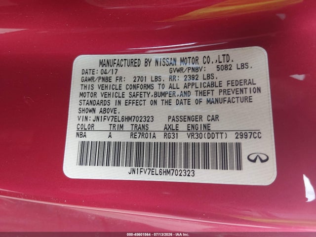 Продажа на аукционе авто 2017 Infiniti Q60 3.0t Red Sport 400, vin: JN1FV7EL6HM702323, номер лота: 45601564