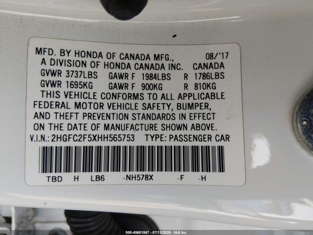 Honda Civic Lx 2017 2HGFC2F5XHH565753 Image 9