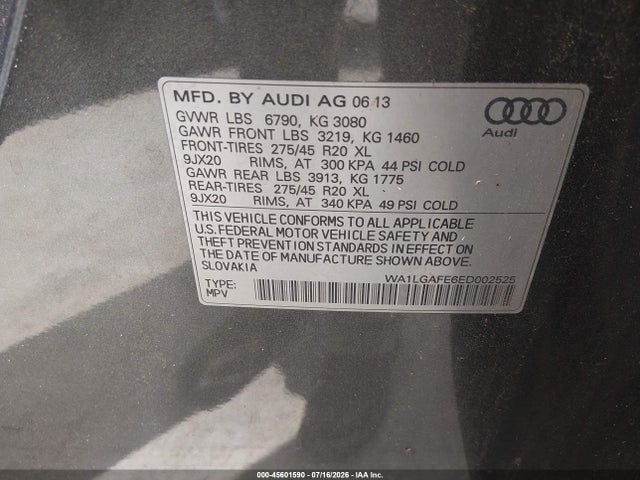 Продажа на аукционе авто 2014 Audi Q7 3.0t Premium, vin: WA1LGAFE6ED002525, номер лота: 45601590