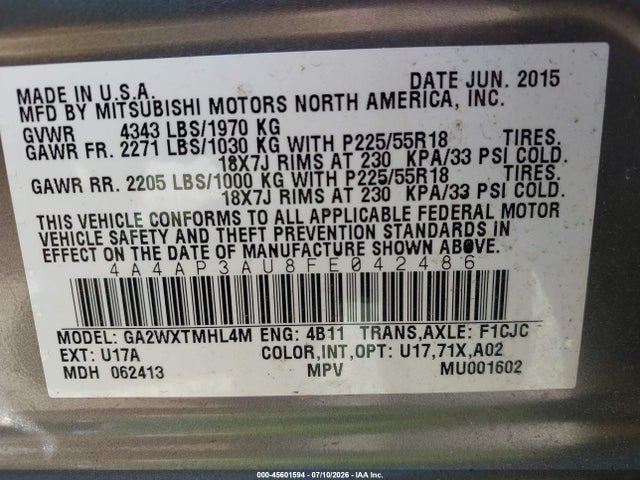Продажа на аукционе авто 2015 Mitsubishi Outlander Sport Es, vin: 4A4AP3AU8FE042486, номер лота: 45601594