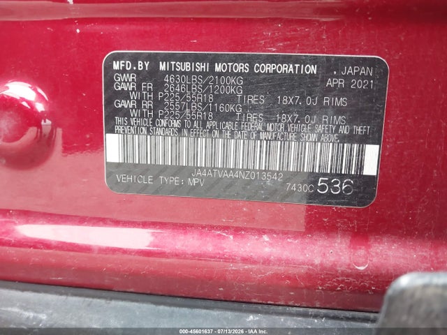Продажа на аукционе авто 2022 Mitsubishi Eclipse Cross Le S-awc, vin: JA4ATVAA4NZ013542, номер лота: 45601637