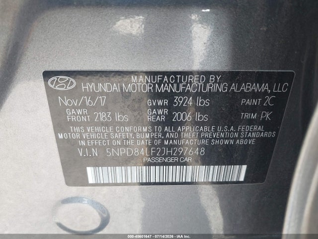 5NPD84LF2JH297648 Hyundai ELANTRA SEL