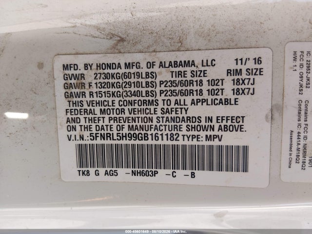 5FNRL5H99GB161182 Honda Odyssey Touring/touring Elite