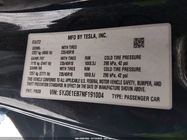 Продажа на аукционе авто 2022 Tesla Model 3 Long Range Dual Motor All-wheel Drive, vin: 5YJ3E1EB7NF191004, номер лота: 45601650