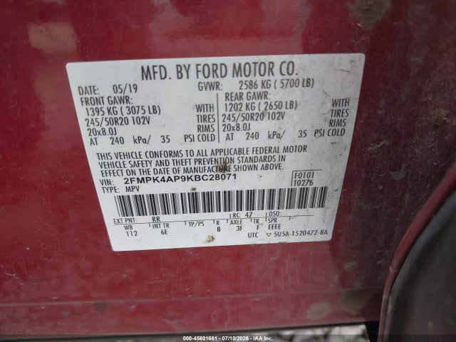 Продаж на аукціоні авто 2019 Ford Edge St, vin: 2FMPK4AP9KBC28071, номер лоту: 45601661