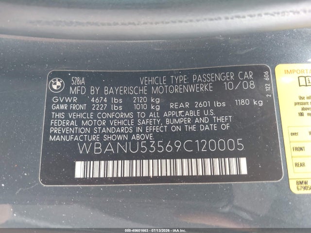 Aukcja sprzedaży 2009 Bmw 528i, vin: WBANU53569C120005, numer aukcji: 45601663