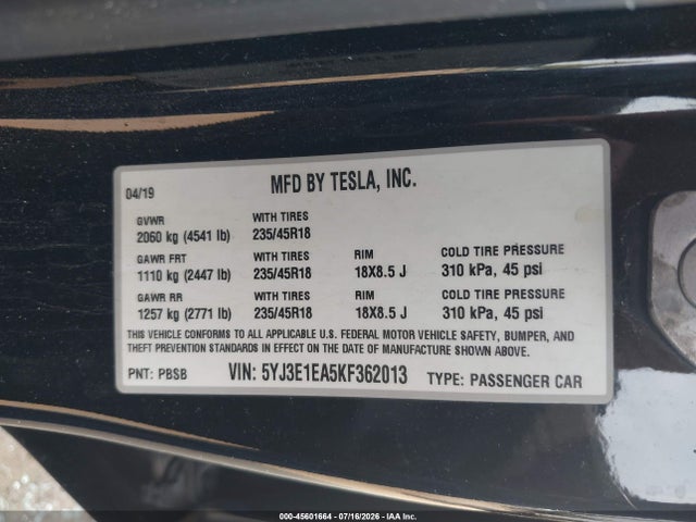 Tesla Model 3 Long Range/mid Range/standard Range/standard Range Plus 2019 5YJ3E1EA5KF362013 Image 9