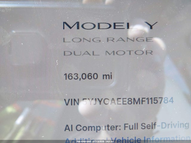 45601668 :رقم المزاد ، 5YJYGAEE8MF115784 vin ، 2021 Tesla Model Y Long Range Dual Motor All-wheel Drive مزاد بيع