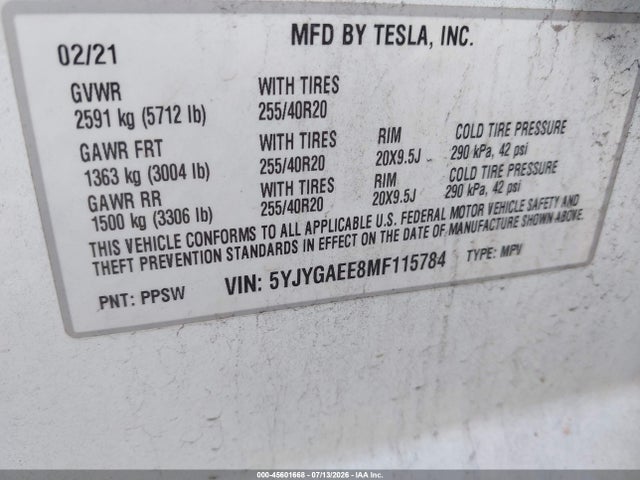 45601668 :رقم المزاد ، 5YJYGAEE8MF115784 vin ، 2021 Tesla Model Y Long Range Dual Motor All-wheel Drive مزاد بيع