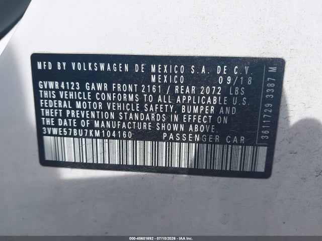 Aukcja sprzedaży 2019 Volkswagen Jetta 1.4t Sel, vin: 3VWE57BU7KM104160, numer aukcji: 45601692