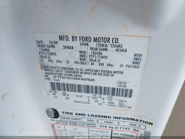 Продаж на аукціоні авто 2010 Ford F-150 Fx4/harley-davidson/king Ranch/lariat/platinum/xl/xlt, vin: 1FTFW1EV3AKA97820, номер лоту: 45601703
