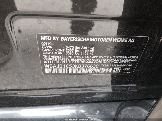 Продажа на аукционе авто 2019 Bmw 530e Xdrive Iperformance, vin: WBAJB1C53KB376630, номер лота: 45601706