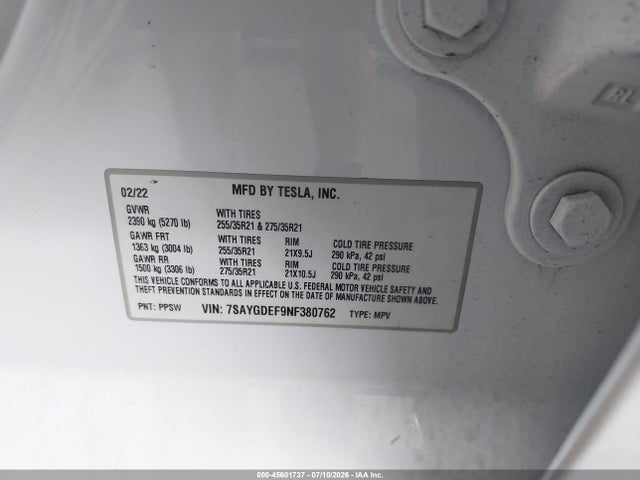 45601737 :رقم المزاد ، 7SAYGDEF9NF380762 vin ، 2022 Tesla Model Y Performance Dual Motor All-wheel Drive مزاد بيع