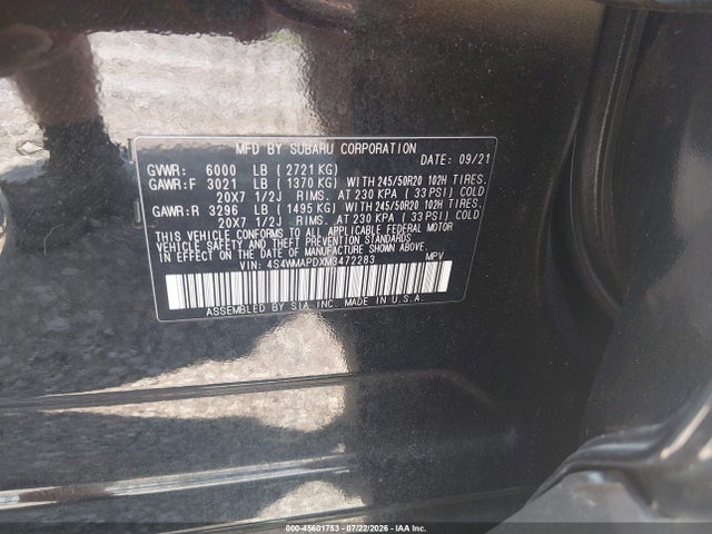 Subaru Ascent Limited 2021 4S4WMAPDXM3472283 Image 9