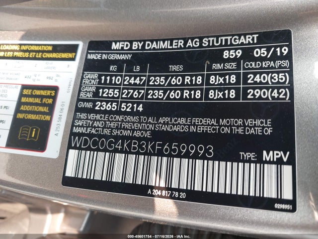 Aukcja sprzedaży 2019 Mercedes-benz Glc 300 4matic, vin: WDC0G4KB3KF659993, numer aukcji: 45601754