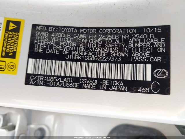 45601773 :رقم المزاد ، JTHBK1GG8G2229373 vin ، 2016 Lexus Es 350 مزاد بيع