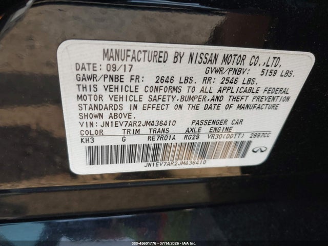 45601776 :رقم المزاد ، JN1EV7AR2JM436410 vin ، 2018 Infiniti Q50 3.0t Sport مزاد بيع