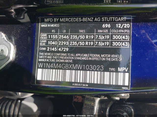 Aukcja sprzedaży 2021 Mercedes-benz Glb 250, vin: W1N4M4GBXMW103023, numer aukcji: 45601793