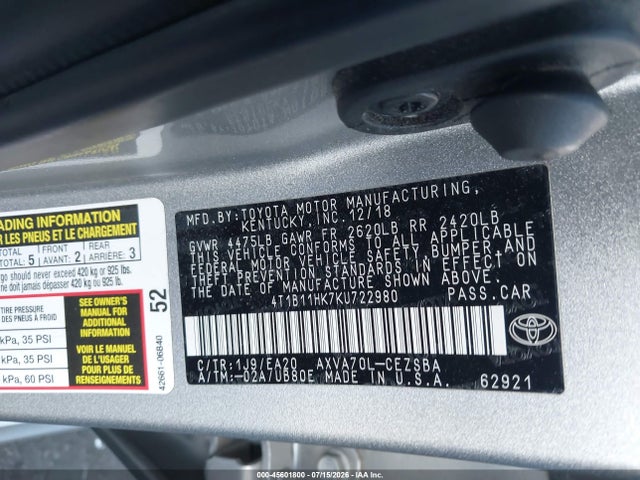 Toyota CAMRY SE 2019 4T1B11HK7KU722980 Image 9