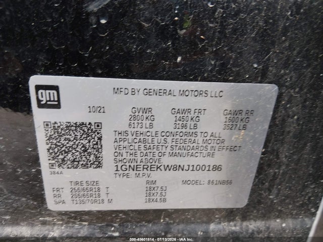 Auction sale of the 2022 Chevrolet Traverse, vin: 1GNEREKW8NJ100186, lot number: 45601814