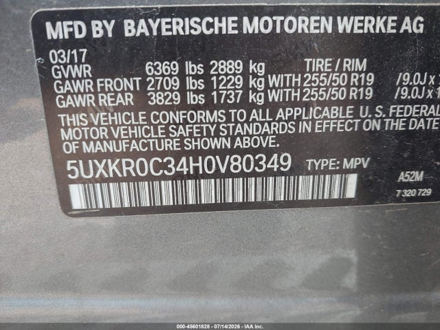 Aukcja sprzedaży 2017 Bmw X5 Xdrive35i, vin: 5UXKR0C34H0V80349, numer aukcji: 45601828